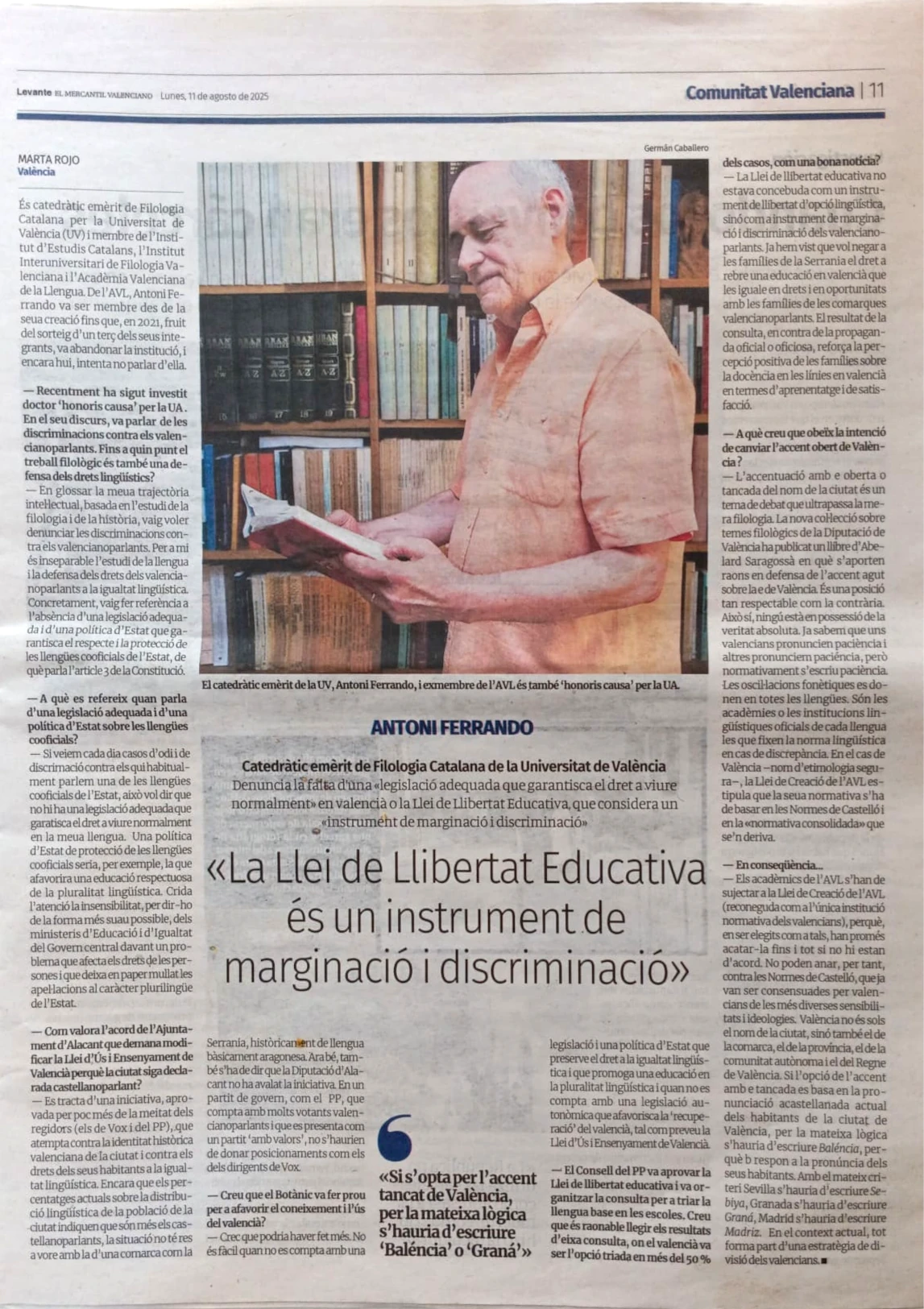Fotografia de la plana de l'entrevista a Antoni Ferrando en el diari Levante-EMV (11/08/2025)