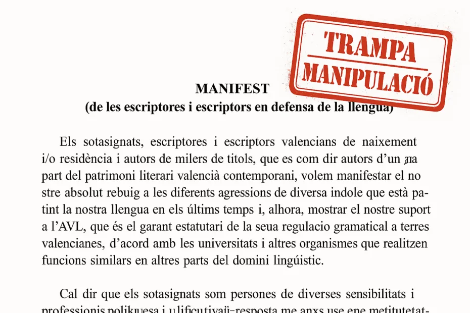 Retall del "Manifest dels 300 escriptors valencians" a favor de "València", marcat com a "Trampa - Manipulació"