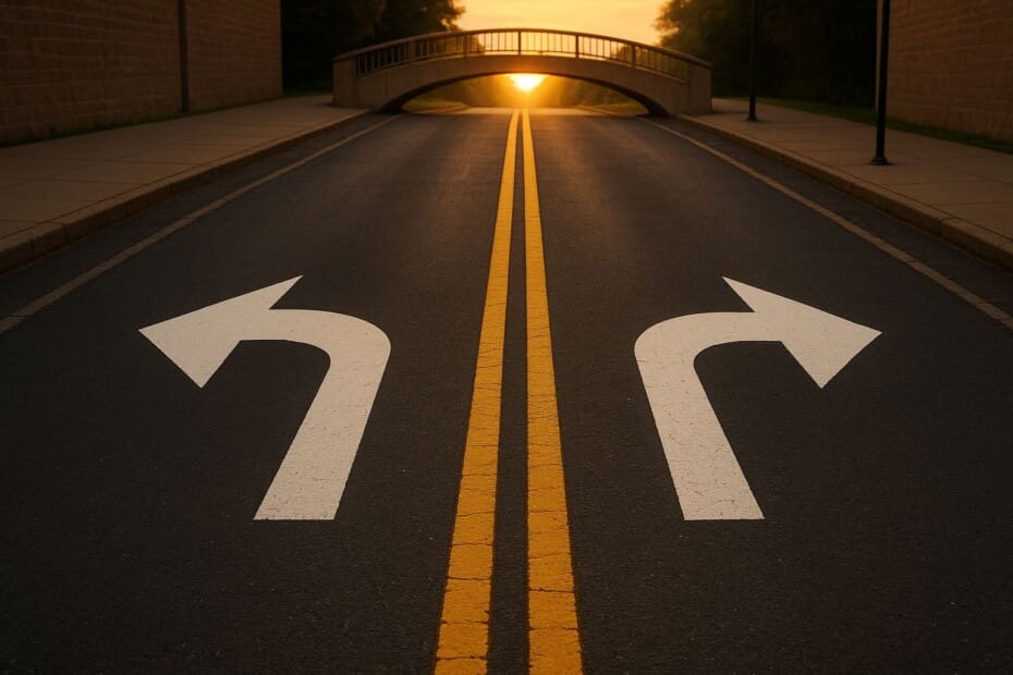 Carretera, dos camins divergents, i l'esperança (editat/generat per IA)